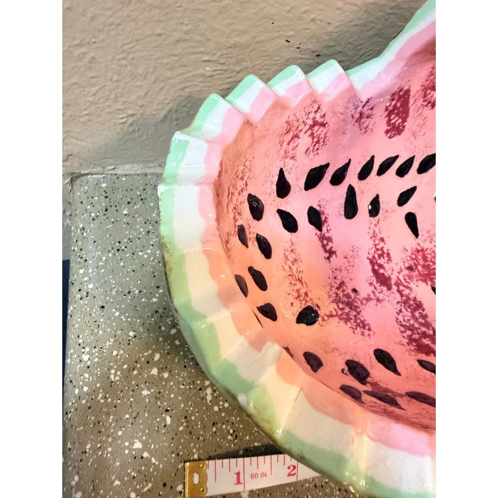 Vintage‎ Watermelon Ceramic Basket Hand Painted Pink Green Fruit Decor 11in